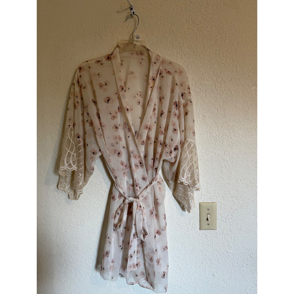 Flora Nikrooz Womens Floral Chiffon Lace Trim Robe Cream Pink Belted‎ Large USA